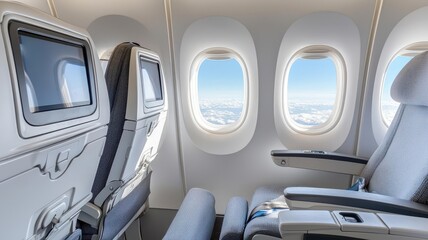 Comfortable airplane interior with spacious seats, featuring in-flight entertainment and scenic windows, perfect for travel photography.