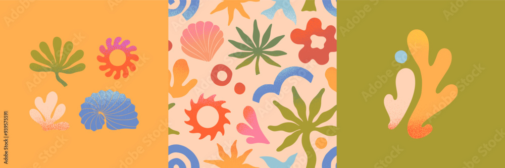 Wall mural vector summer cards.nature elements and artistic seamless pattern.hand drawn palm,sun,coral,seashell