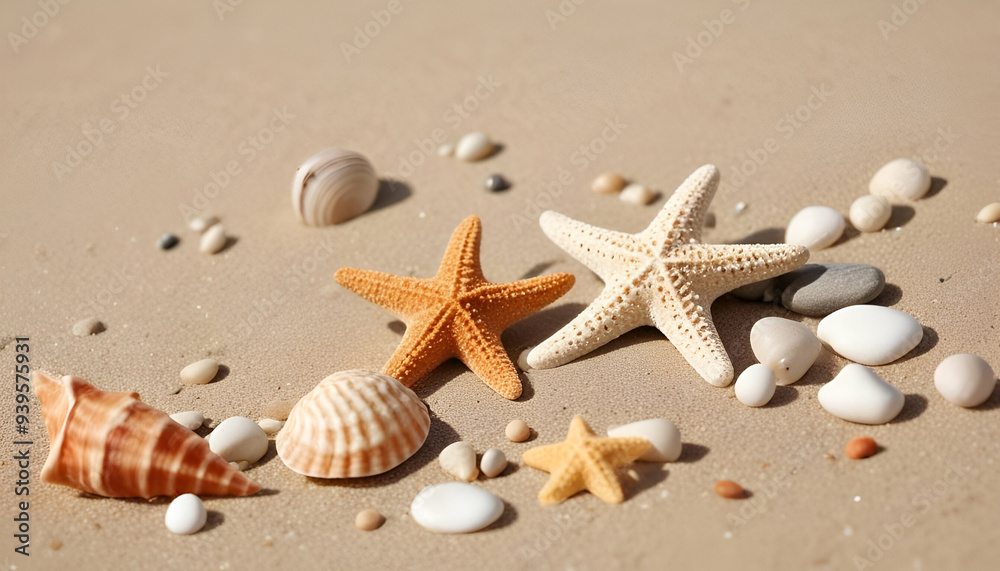 Wall mural seashells and starfish on a sandy beach