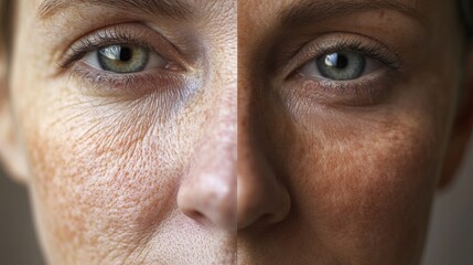 The image shows a detailed side-by-side comparison of a person's face, illustrating significant changes in skin texture and brightness following a skincare treatment, middle-aged girl before and after