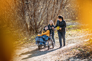Mother and sibling enjoying a nature walk with child in wheelchair, accessible outdoor adventures,...