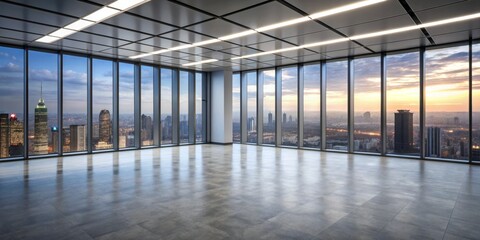 Empty Office Space with City View at Sunset, 3D Render, Interior Design, Office Building, Cityscape