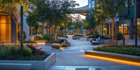 Modern urban plaza with benches and greenery.