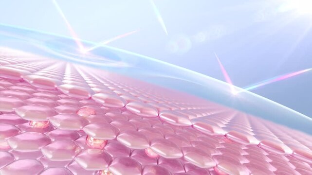 3D animation of skin cells. Skin cell with UV protection. Advertisements for cosmetics, sunscreen, Cream, and serum. Ultraviolet shield reflect.