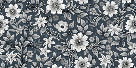 Floral Symphony in Grayscale, Seamless Pattern, White Flowers, Blue Background, floral, botanical, seamless