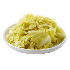 Detailed shot of classic croatian sauerkraut, plated on white, set against a clear background to highlight its rich texture and color
