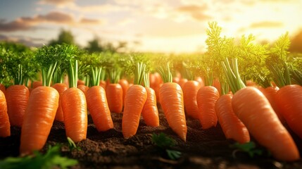 A close-up shot of a field of freshly harvested carrots, bathed in the warm glow of the setting sun. The vibrant orange carrots stand tall, symbolizing health, vitality, and the bounty of nature. The 