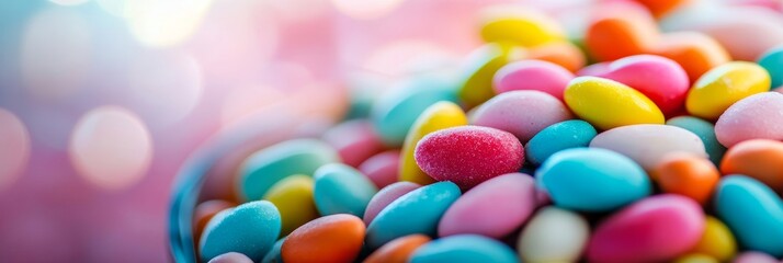 A close-up shot of a bowl filled with vibrant, sugared almonds. The candy represents celebration, joy, and the sweetness of life. The colors evoke feelings of happiness and excitement. The image is pe