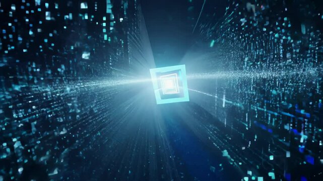 glowing blue digital square radiates energy, surrounded by streaming data points in a dynamic and futuristic space