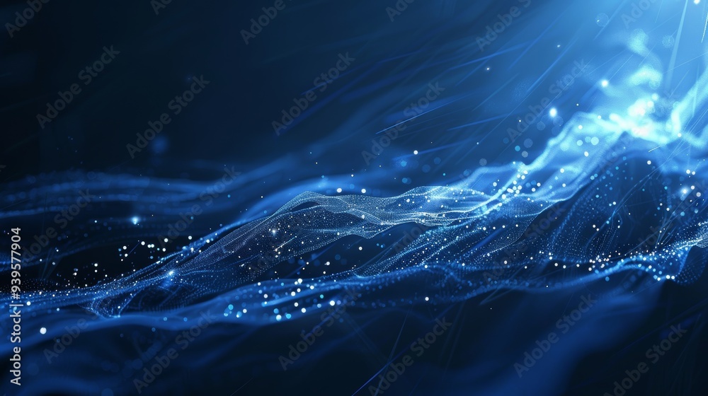 Poster A digital abstract image showcasing waves in shades of blue with sparkling light particle effects, symbolizing the essence of technology.