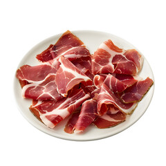 Thinly sliced croatian prosciutto arranged on a white plate, isolated on a transparent background, showcasing traditional croatian cuisine and food presentation