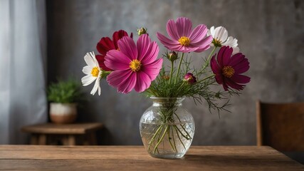 stock photography cosmos flower in a beautiful vase with a background of wooden table