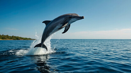 A dolphin leaps gracefully out of the ocean, silhouetted against a bright blue sky