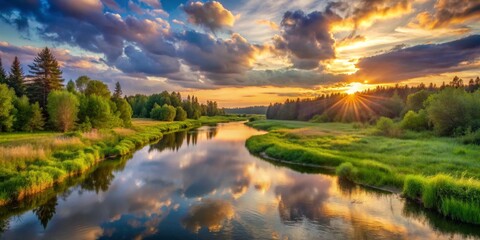 Golden Hour Reflection on a River, landscape, nature, sunset, water