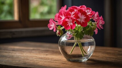 stock photography geranium flower in a beautiful vase with a background of wooden table