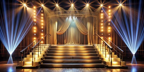 Golden Stairway to Success Illuminated Stage with Curtains and Spotlights, stage , lighting , success , performance