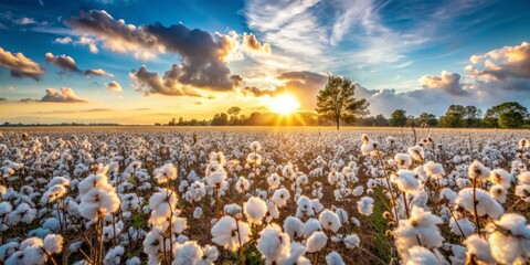 Golden Sunset Over a Field of Cotton, Photography, Landscape, Sunset, Cotton Field