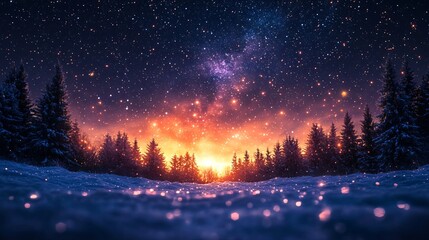 A magical winter night scene with a starry sky over a snowy forest, perfect for Halloween festivities and themed designs with copy space.