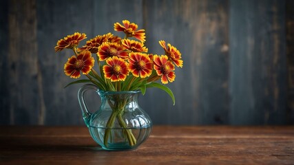 stock photography helenium flower in a beautiful vase with a background of wooden table