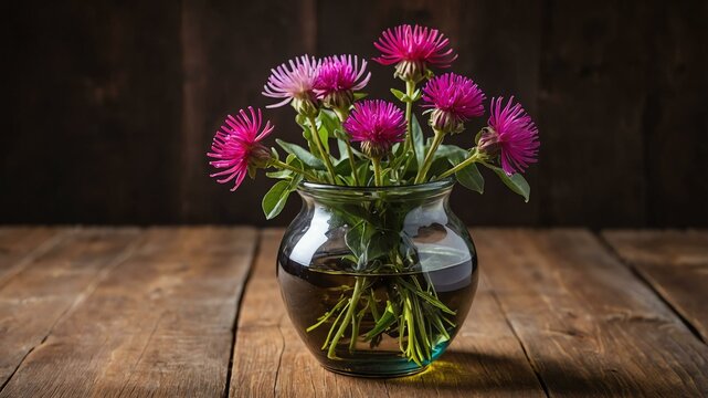 stock photography gomphrena flower in a beautiful vase with a background of wooden table