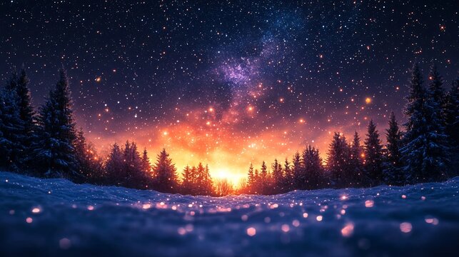 A magical winter night scene with a starry sky over a snowy forest, perfect for Halloween festivities and themed designs with copy space.