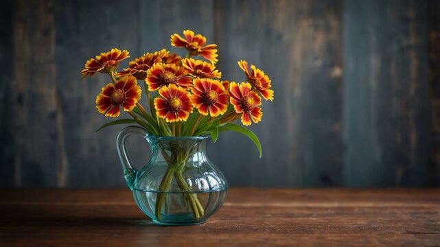 stock photography helenium flower in a beautiful vase with a background of wooden table
