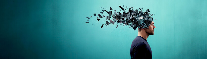 A conceptual image illustrating creativity and technology merging in human thought, with elements exploding from a person's head.