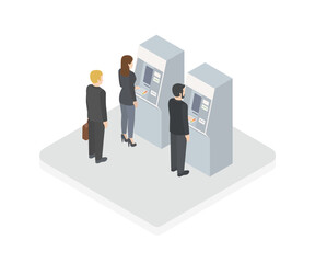 People waiting in line near atm machine. Can use for web banner, infographics, hero images. Flat isometric vector illustration isolated on white background. Isometric block ATM.