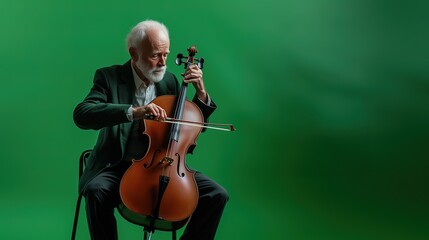 Fototapeta premium a man engrossed in playing the cellos, positioned to the left of the frame against a solid light green background