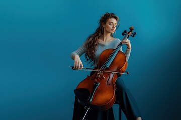 a black woman engrossed in playing the cellos, positioned to the left of the frame against a solid light blue background