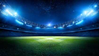 beautiful sports stadium with a green grass field shines with blue spotlights at night with stars. Sports tournament, world championship