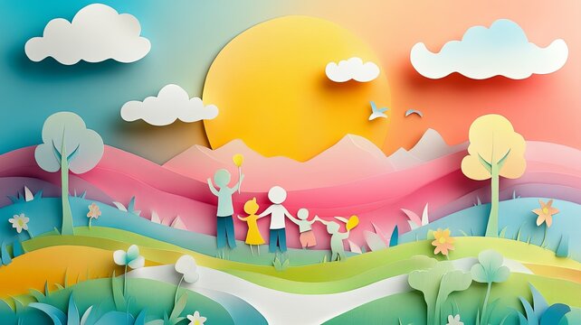 concept of happy family having fun .paper art style.
