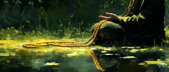 Obraz premium Buddhist Mala Beads Peaceful Garden Buddhism Religion Spiritual Symbol