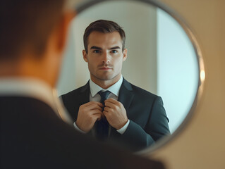 Confident Young Businessman Preparing for Important Meeting - Adjusting Tie in Mirror with Determination and Focus
