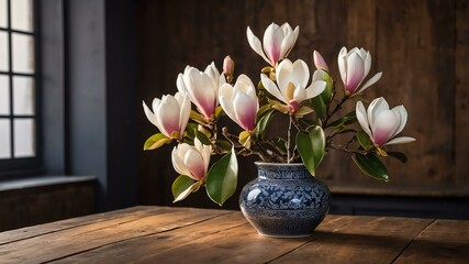 stock photography magnolia flower in a beautiful vase with a background of wooden table