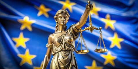 Obraz premium Lady Justice with EU Flag, Golden Statue, Scales of Justice, European Union Law, Law and Order, EU Justice, Law
