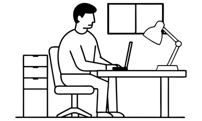 Download A Man Working  Computer In Office Room Silhouette Vector Illustration Svg File For Design.