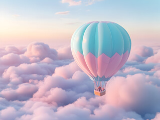 Naklejka premium Enchanting Pastel Hot Air Balloon Floating Above Dreamy Landscape with Soft Lighting - 3D Illustration
