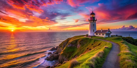 Fototapeta premium Lighthouse on a Cliff at Sunset, Colorful Sky, Dramatic Clouds, Ocean Waves, lighthouse, sunset, landscape