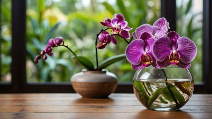 stock photography orchid flower in a beautiful vase with a background of wooden table