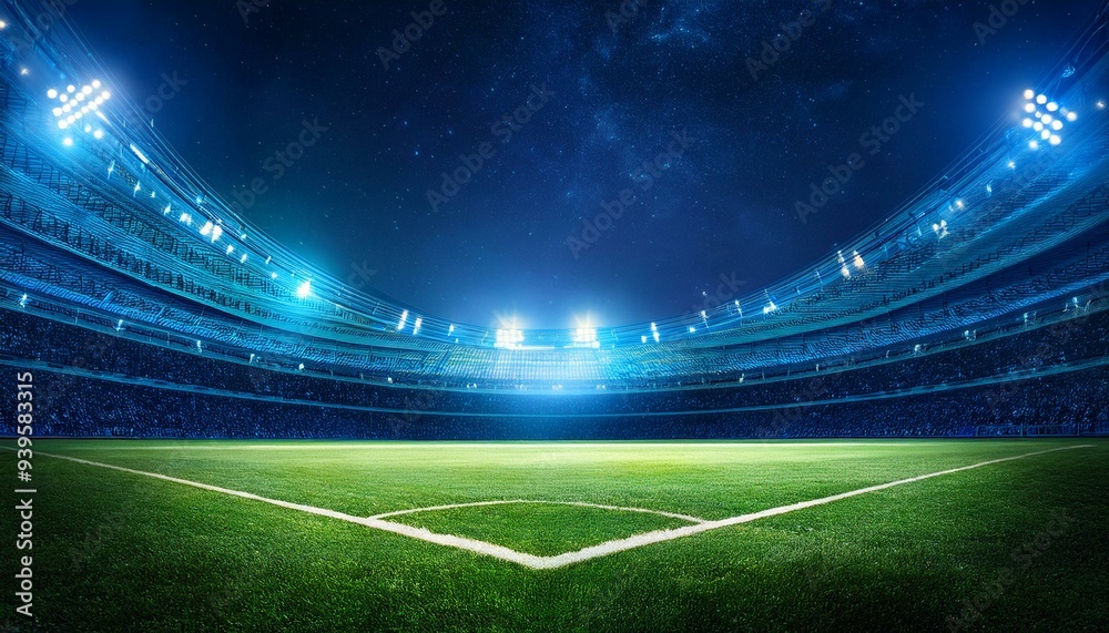 Wall mural beautiful sports stadium with a green grass field shines with blue spotlights at night with stars. s