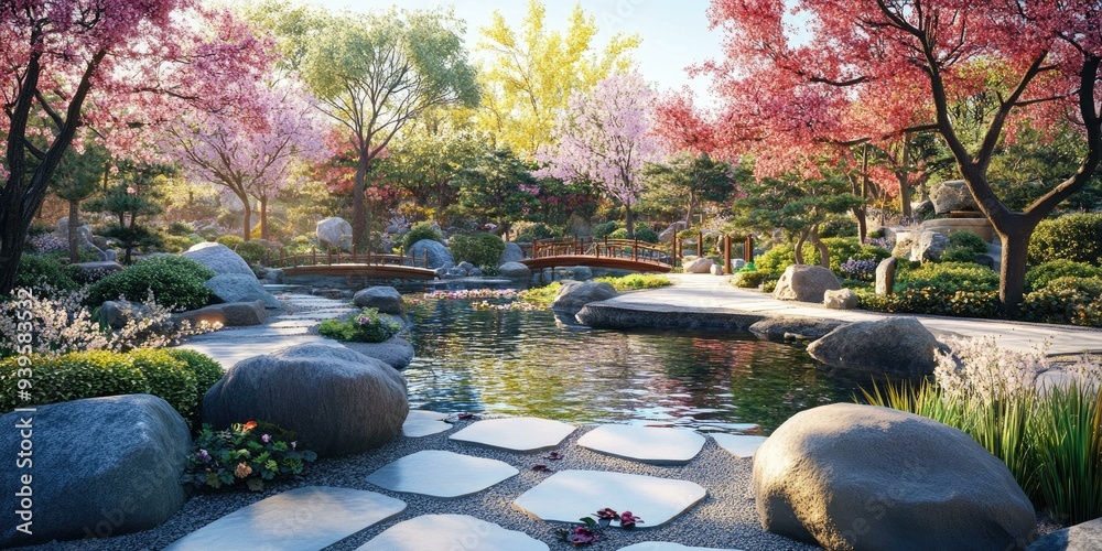 Wall mural Serene Japanese garden with a pond, bridge, and stone path.