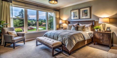 Fototapeta premium Modern Bedroom Interior with Country View, Brown Bed Frame, Beige Curtains, Natural Light, Cozy Living Space, bedroom design, interior design