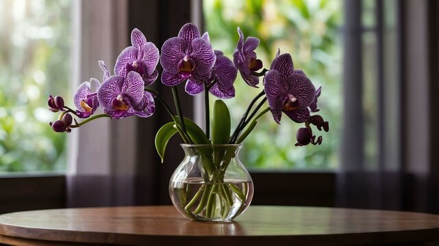 stock photography vanda orchid flower in a beautiful vase with a background of wooden table