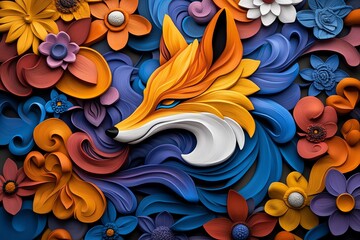 Fototapeta premium A vibrant, colorful painting of the nine-tailed fox in a garden filled with flowers and butterflies, symbolizing the harmony between nature and the mystical
