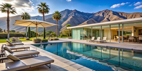 Fototapeta premium Modern Desert Oasis with Pool and Mountain View, Palm Springs, California, Swimming pool, Luxury Villa, Vacation Home