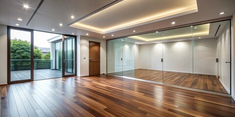Fototapeta premium Modern Glass Wall Interior Design with Wood Flooring, interior design , modern home , glass walls , wood floors