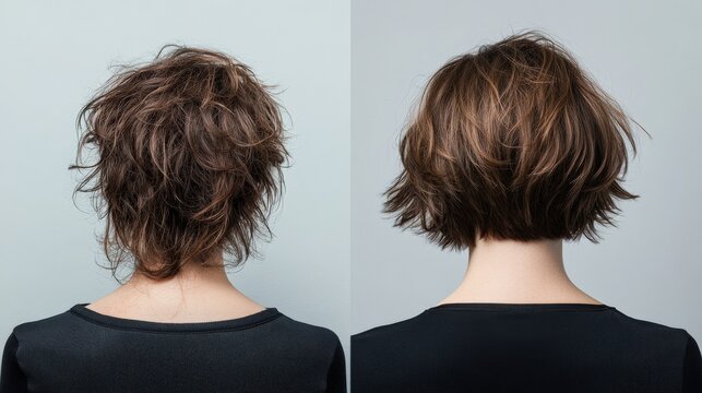 A person's hair is styled from a tousled look to a sleek, polished bob cut, highlighting the dramatic transformation that occurred during a salon appointment