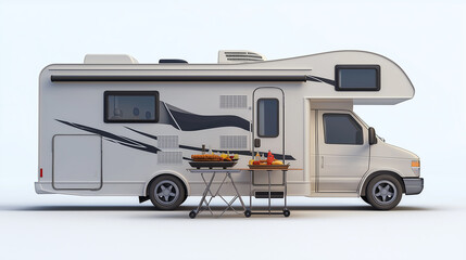 Modern Recreational Vehicle with Outdoor Picnic Setup on White Background
