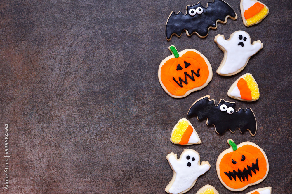 Poster halloween cookie side border. above view on a dark stone background with copy space. ghosts, bats, j